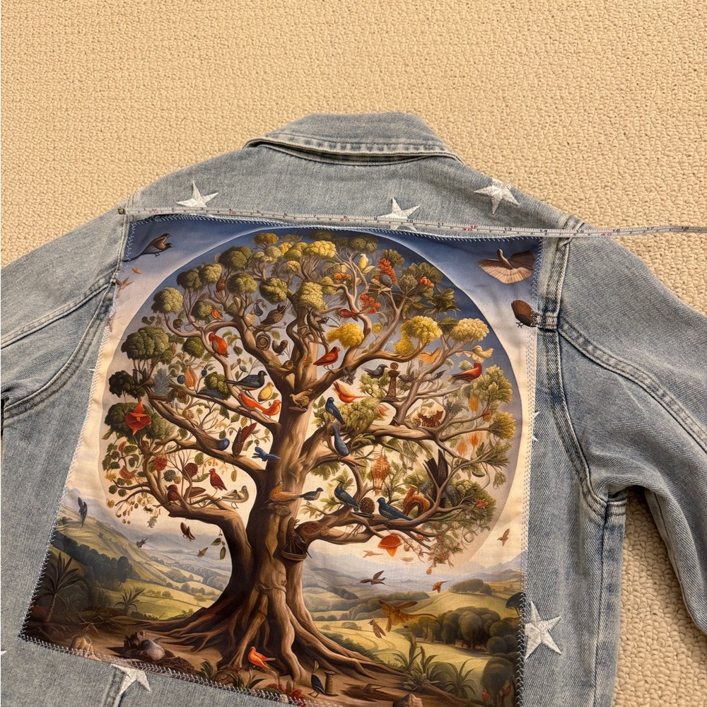 Light Blue Denim Jean Jacket with Illustrated Tree Back Panel
